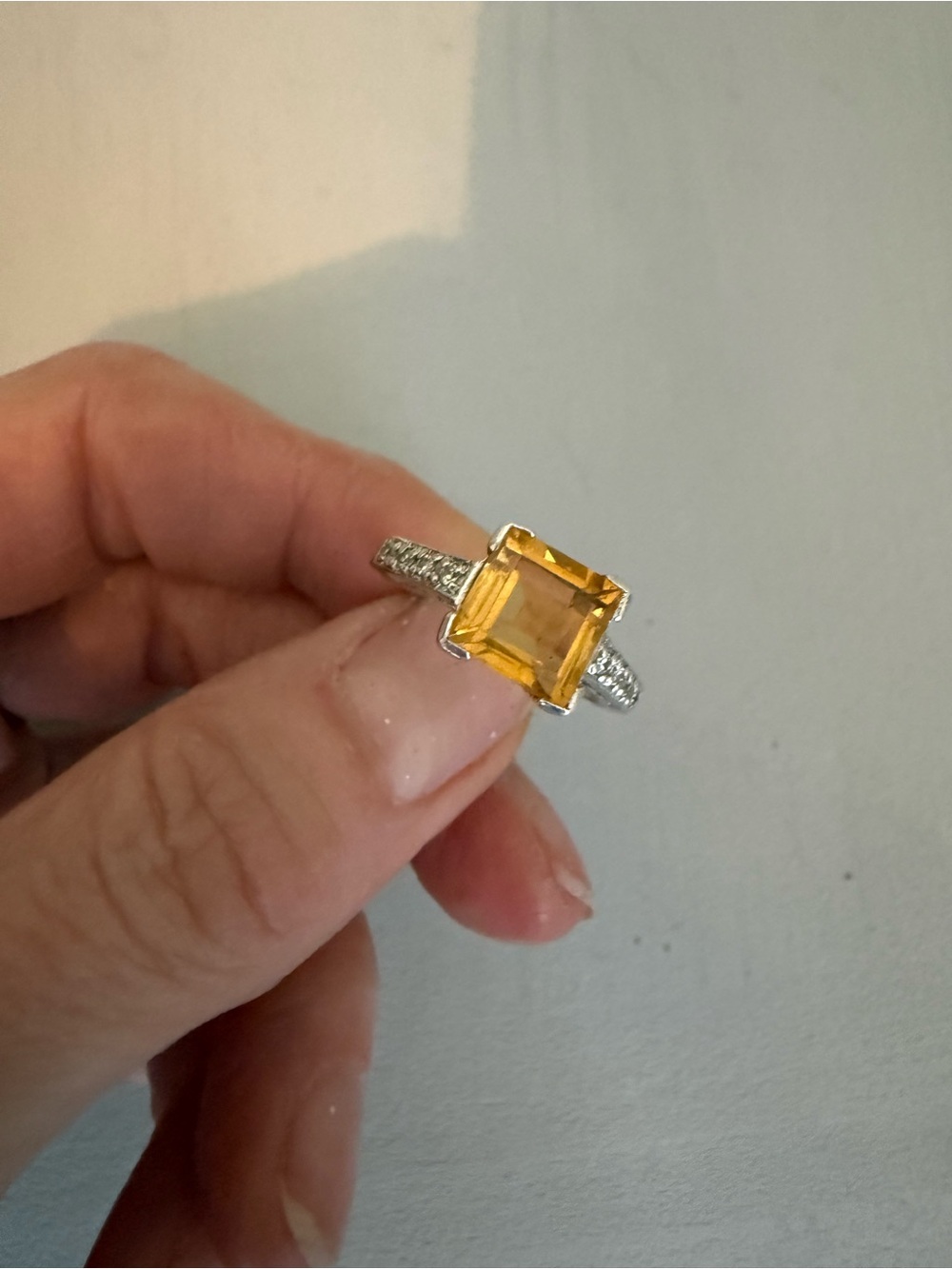 Yellow Citrine-Style Square Solitaire Ring in sterling Silver- size 7